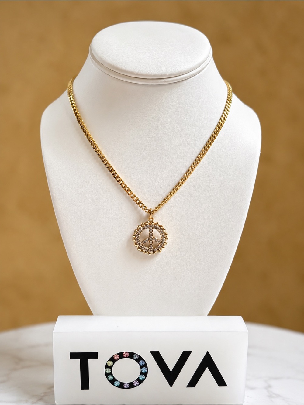 TOVA Gold Crystal Peace Sign Pendant 16 inch Necklace